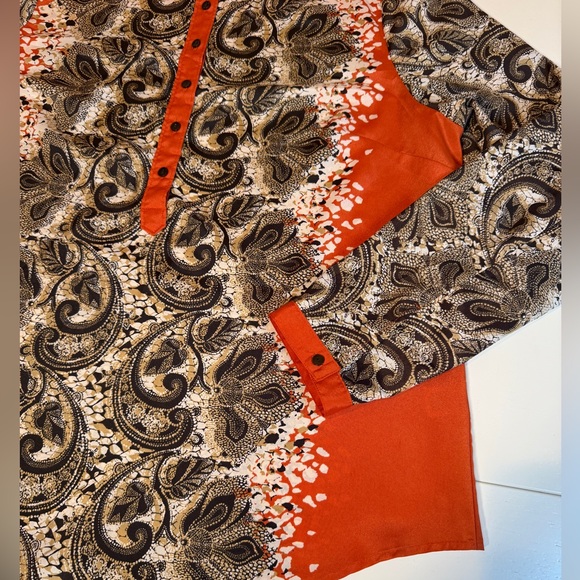 Liz Claiborne Orange & Brown Paisley Long-sleeve Top Henley Neckline Size XL - Picture 7 of 10